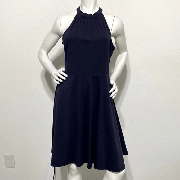 Ouges "NEW" Navy Blue Halter Self Tied Sleeveless Flared Swing Dress Size L - Picture 3 of 11